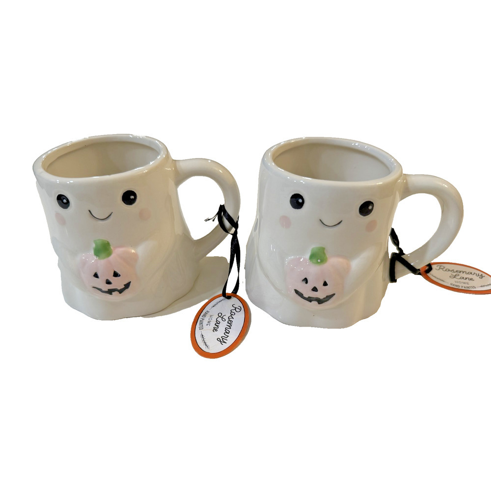 Rosemary Lane Halloween Mug Set Ghost Pumpkin Hand Painted Ceramic